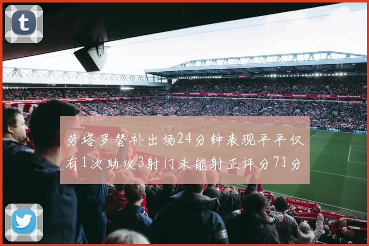 劳塔罗替补出场24分钟表现平平仅有1次助攻3射门未能射正评分71分